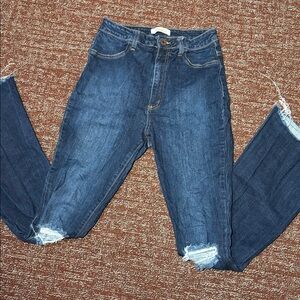 Aphrodite dark wash denim flare distressed ripped knee jeans Womens 9 high rise